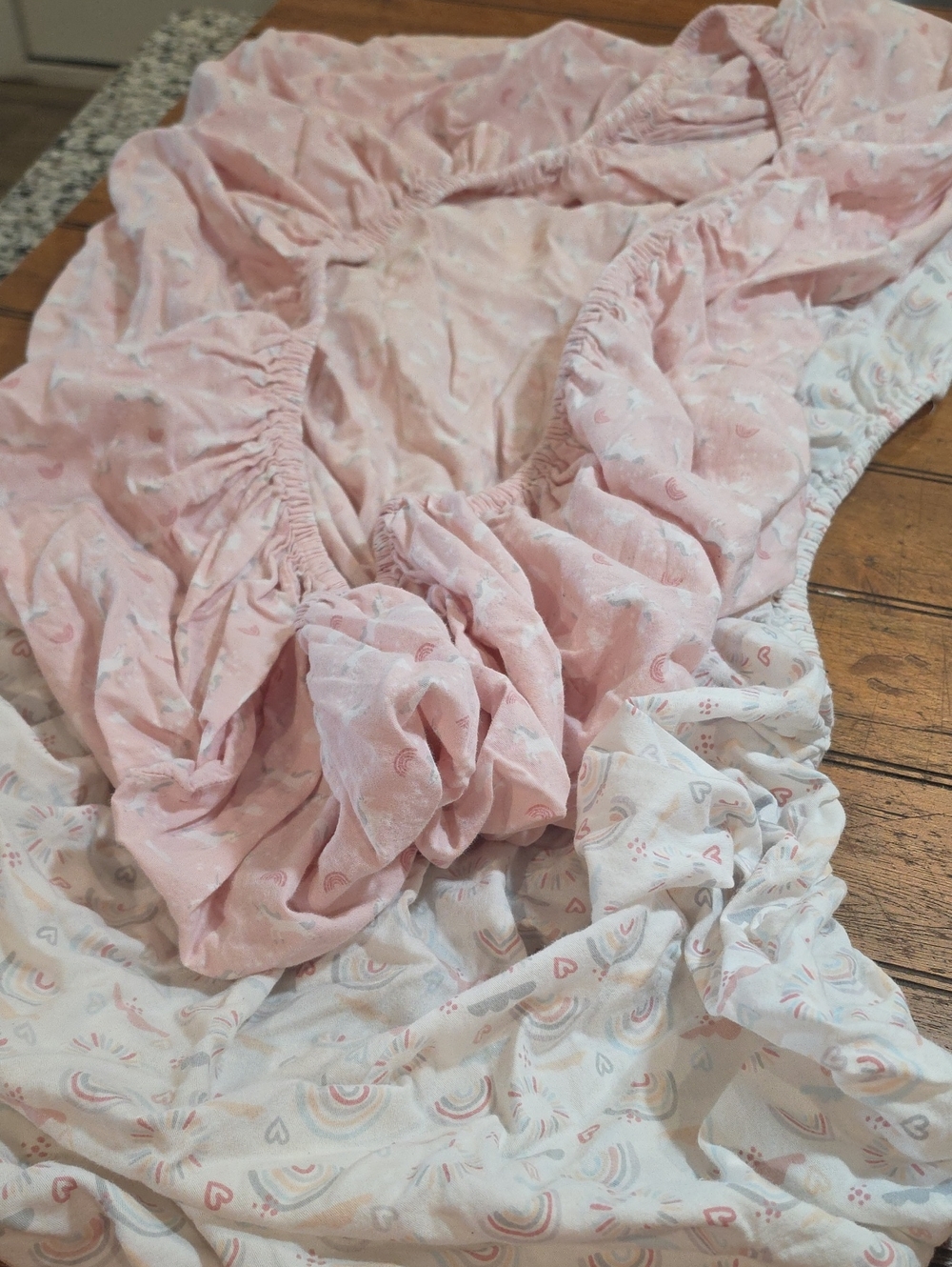 Pink & White Kids Fitted Sheet Set with Rainbow and Heart Print